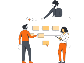 Teamleden die virtueel werken en realtime samenwerken aan een online blokschema