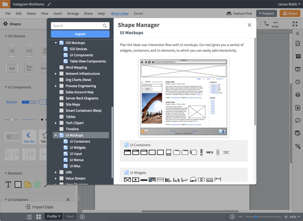 Bibliothèques de formes pour chaque type d'appareil