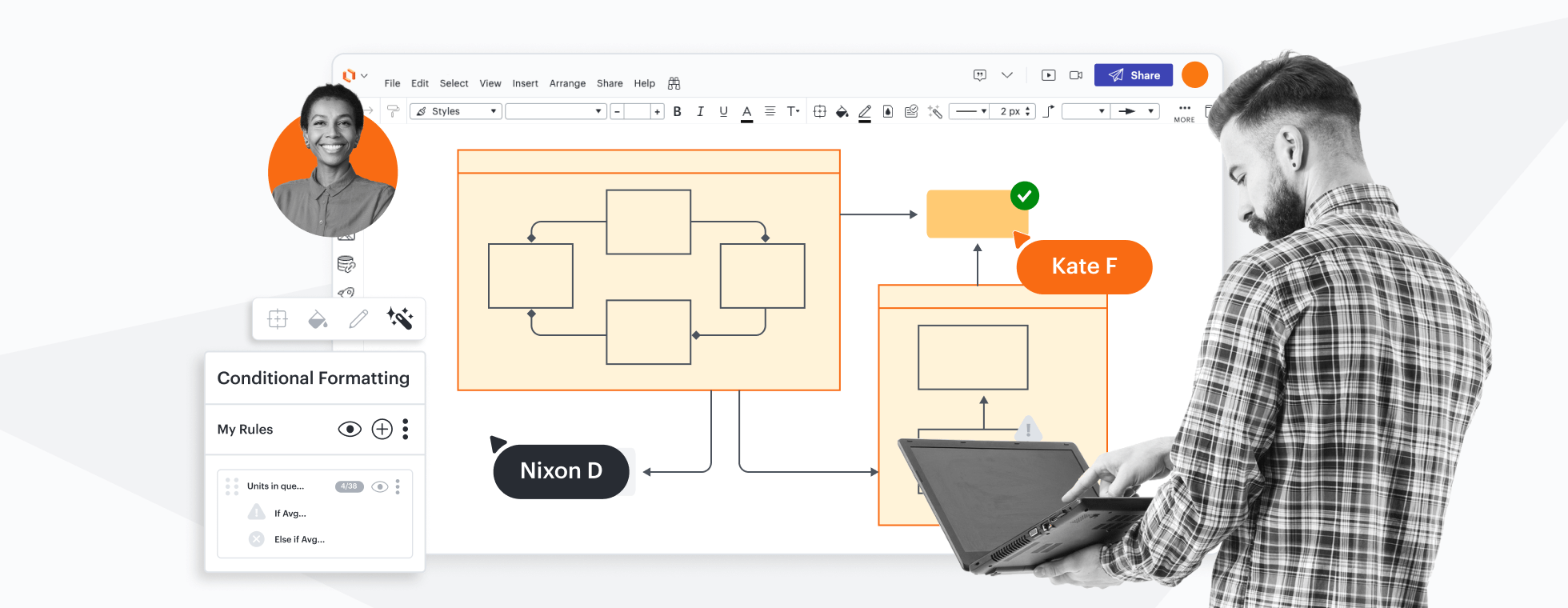 Концептуальное изображение, показывающее диаграммы в Lucidchart с открытым на холсте меню условного форматирования.