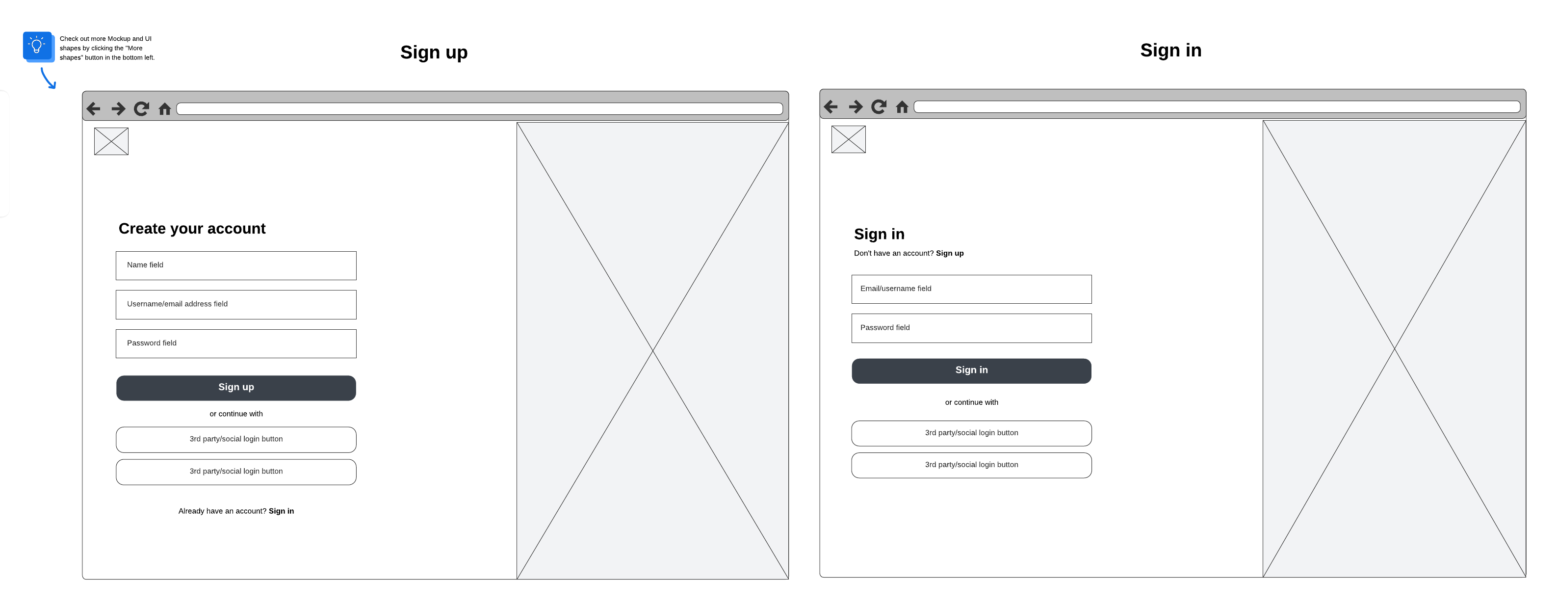 Login or sign-up page basic wireframe (click on image to modify online)