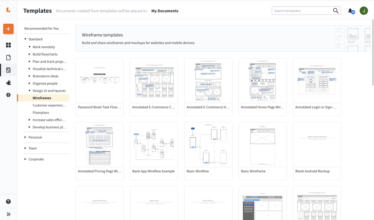 Templates for web pages, user flows, and apps