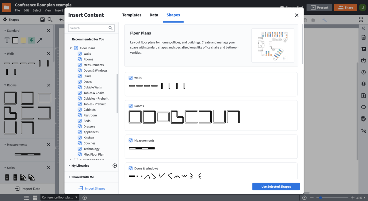 Utilize shape libraries and floor plan templates