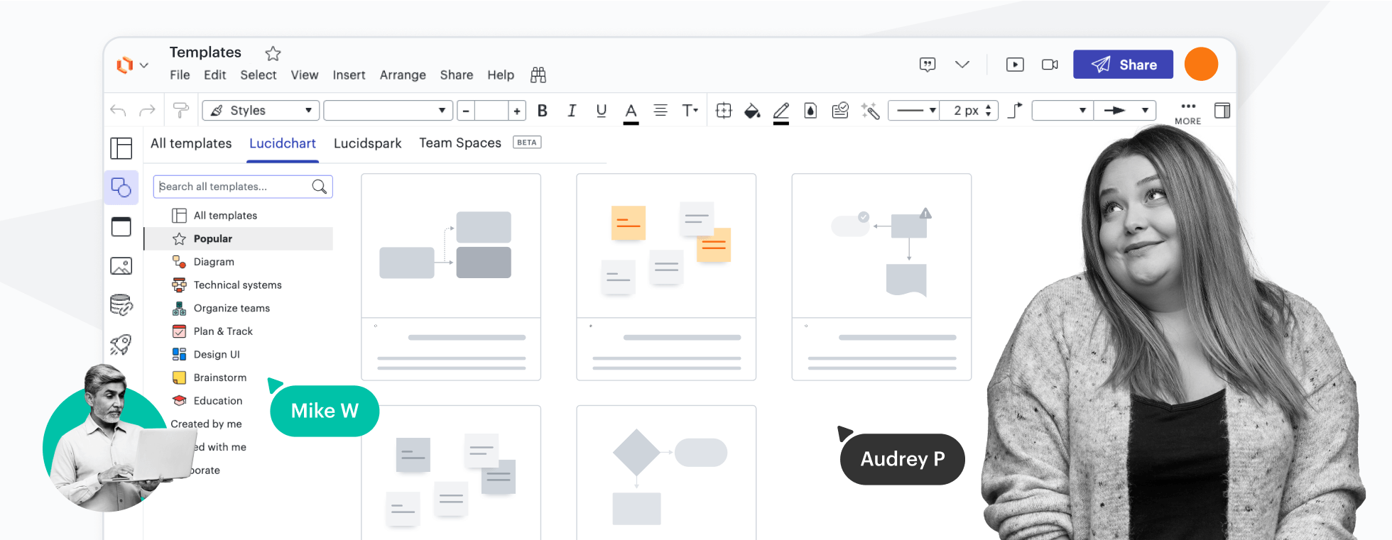 Lucidchart のテンプレート メニューを示す概念図
