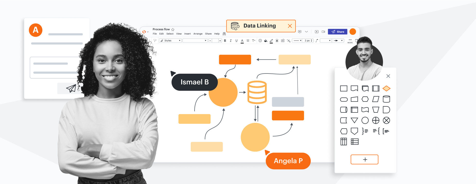 Ein konzeptionelles Bild, das ein Prozessflussdiagramm in Lucidchart mit geöffnetem Formenmenü und hervorgehobener Funktionalität für die Datenverknüpfung zeigt