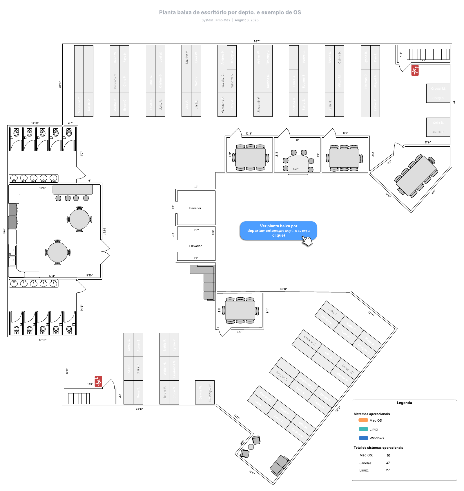 Planta baixa de escritório por departamento