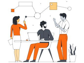 Teamleden die samenwerken aan de hand van een blokschema