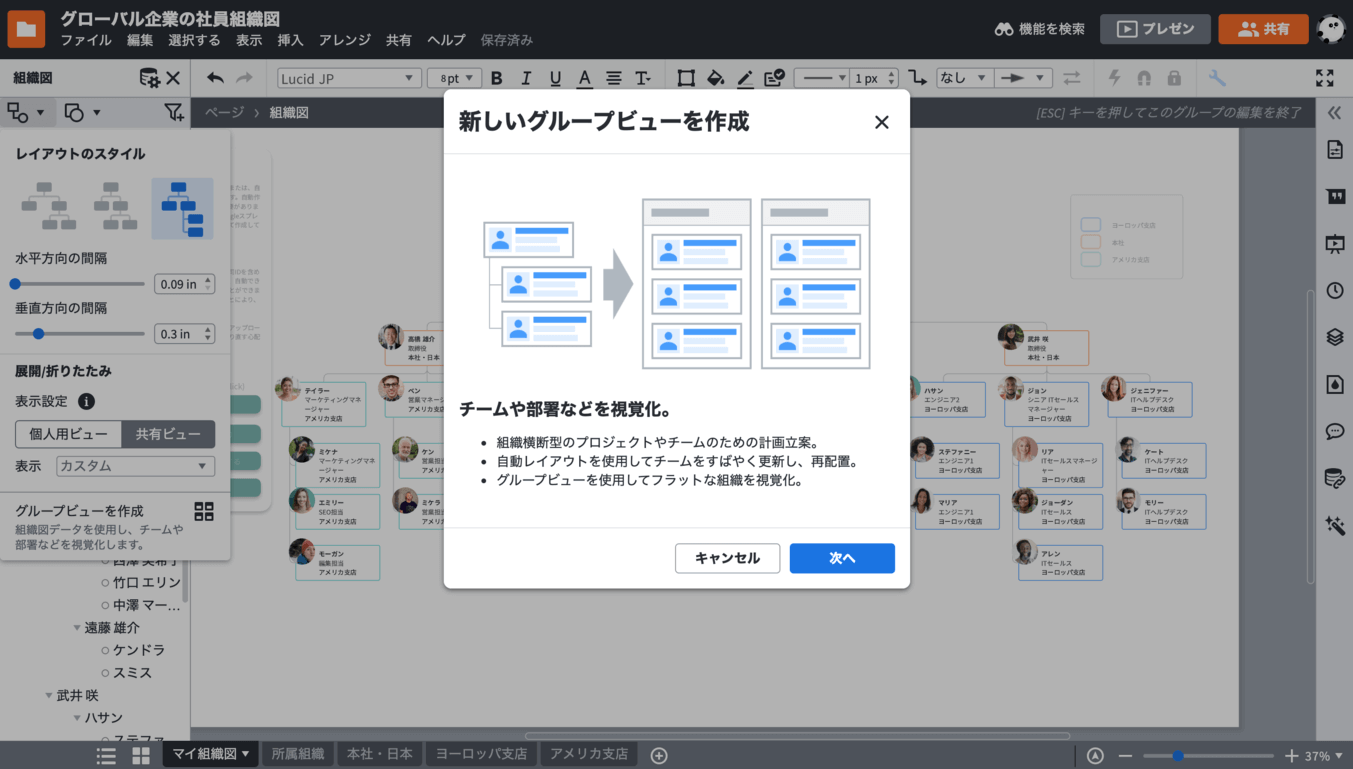 グループビュー機能でデザインできる部署専用組織図