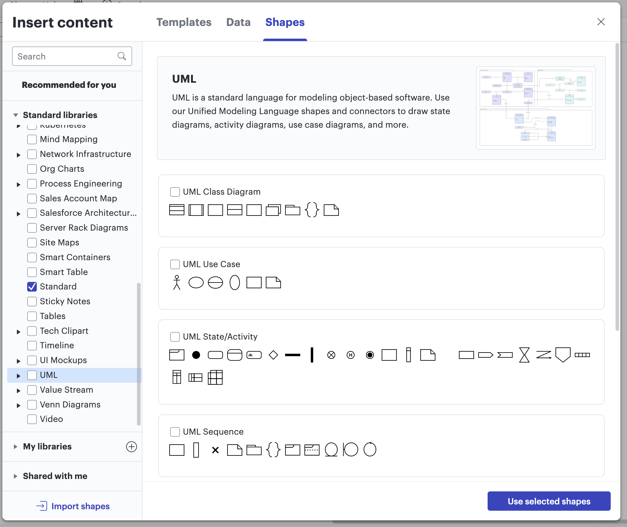 Screenshot of UML shape libraries available in Lucidchart, including class diagram, use case, sequence, and more.