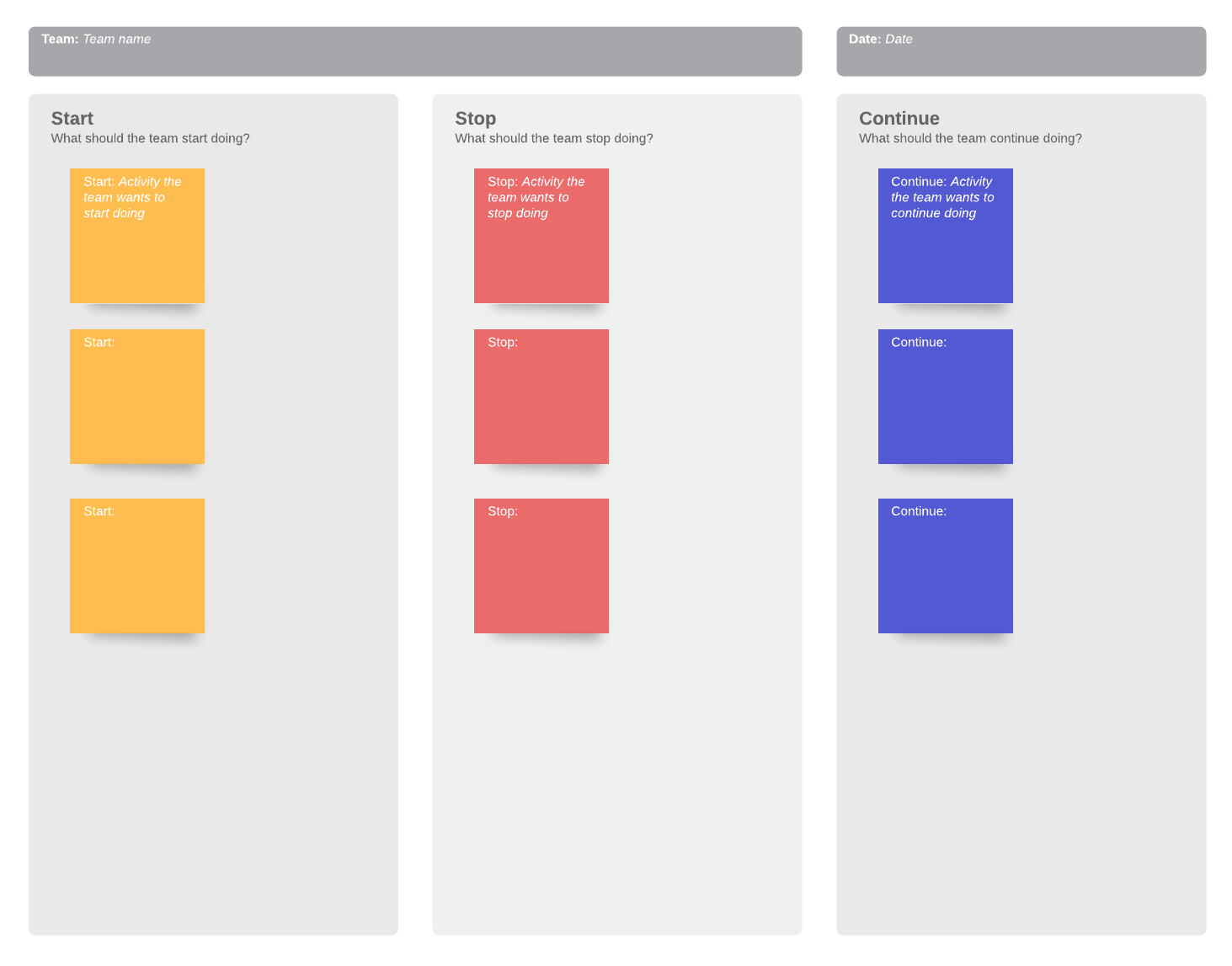 Start, stop, doorgaan met de sprint retrospective (klik om deze sjabloon te gebruiken)