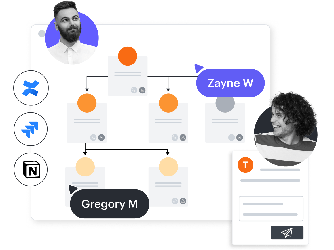 Lucidchart의 조직도와 Jira, Confluence, Notion의 로고를 보여주는 개념적 이미지