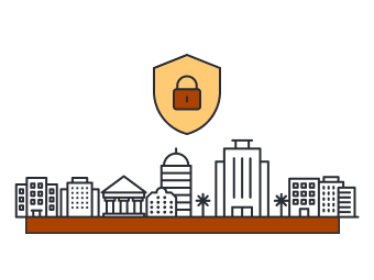 security symbol with lock and shield over a city illustration