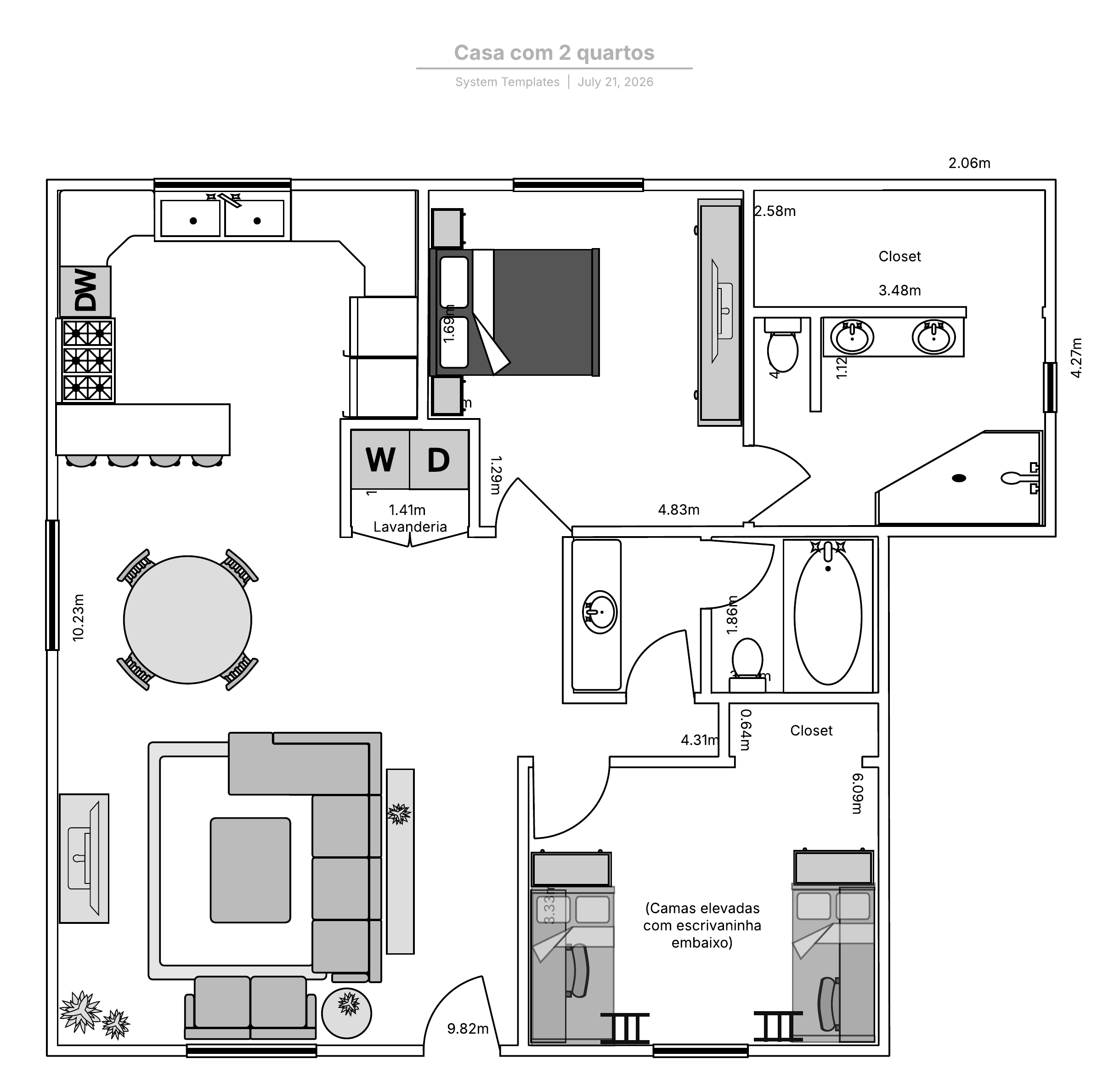 Modelo de planta de casa com 2 quartos