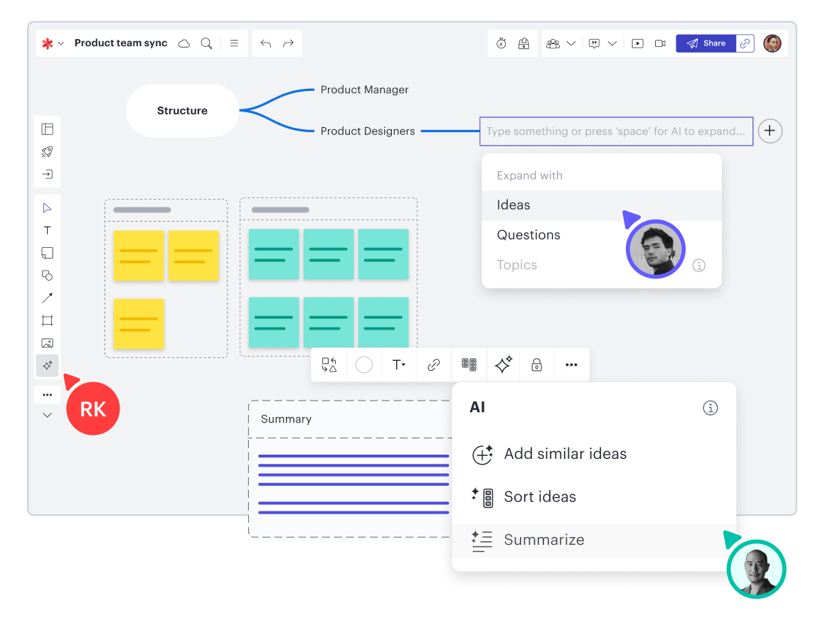 A conceptual image showing sticky notes, emojis, freehand drawing, and collaborator cursors on a Lucidspark board