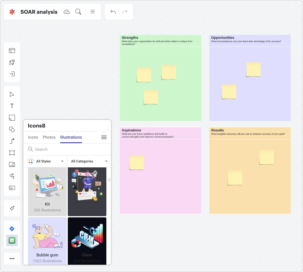 View of Icons8 plugin within a Lucidspark document; illustrations shown are Kit with 260 illustrations and Bubble gum with 1262 illustrations