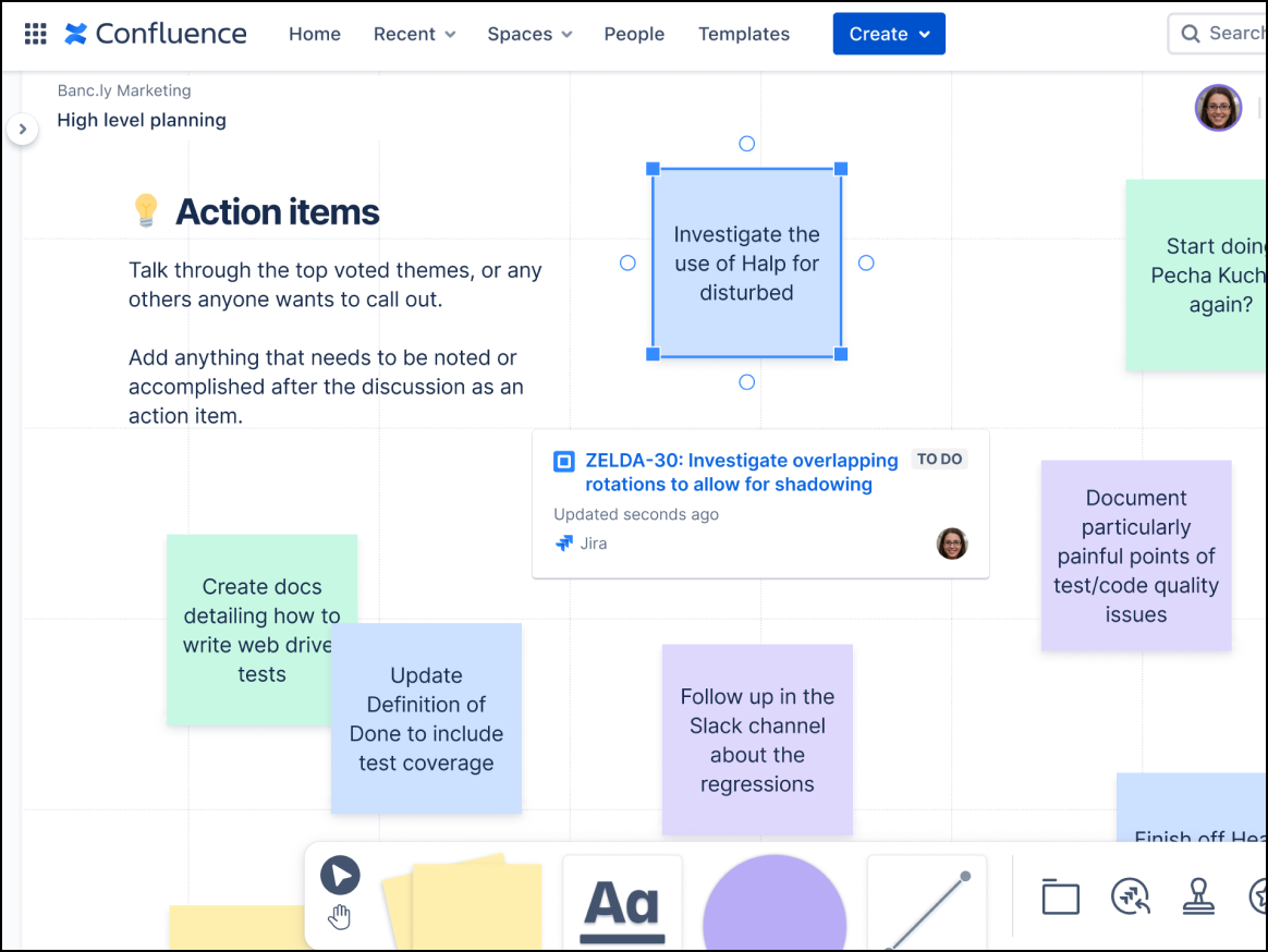 Planning and action items in Confluence whiteboards
