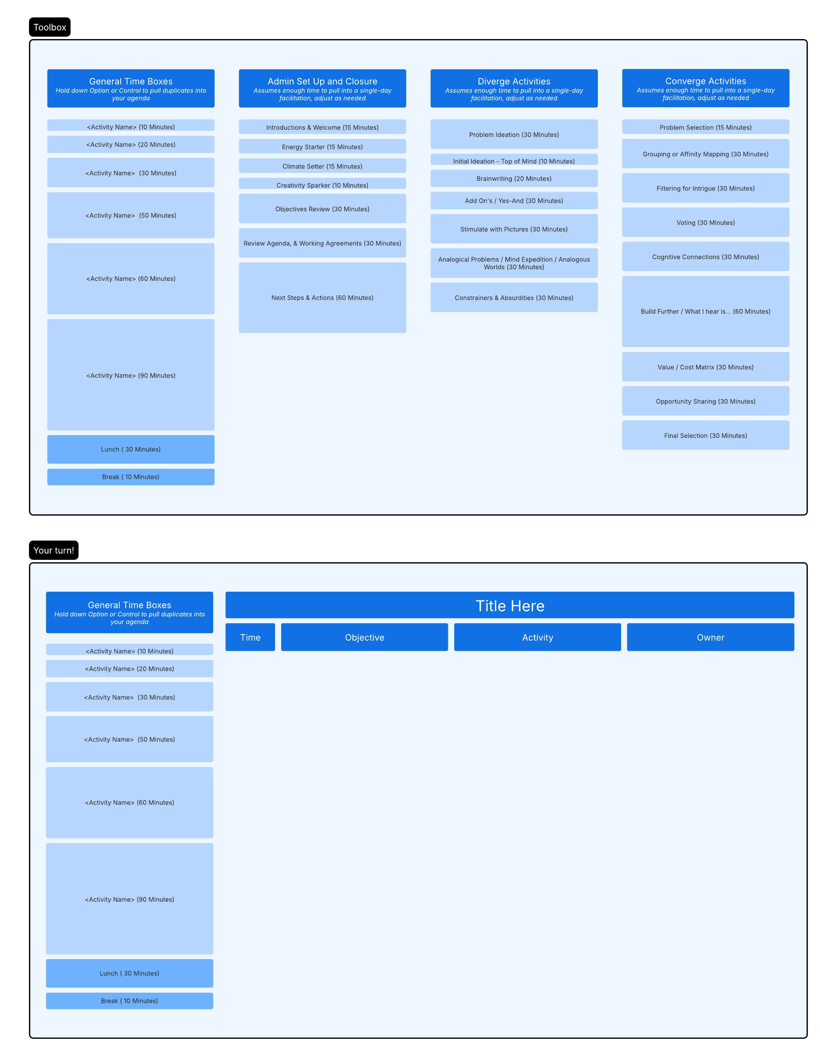 This free agenda template allows you to efficiently build an agenda from different meeting elements. Click on the image to modify it online.