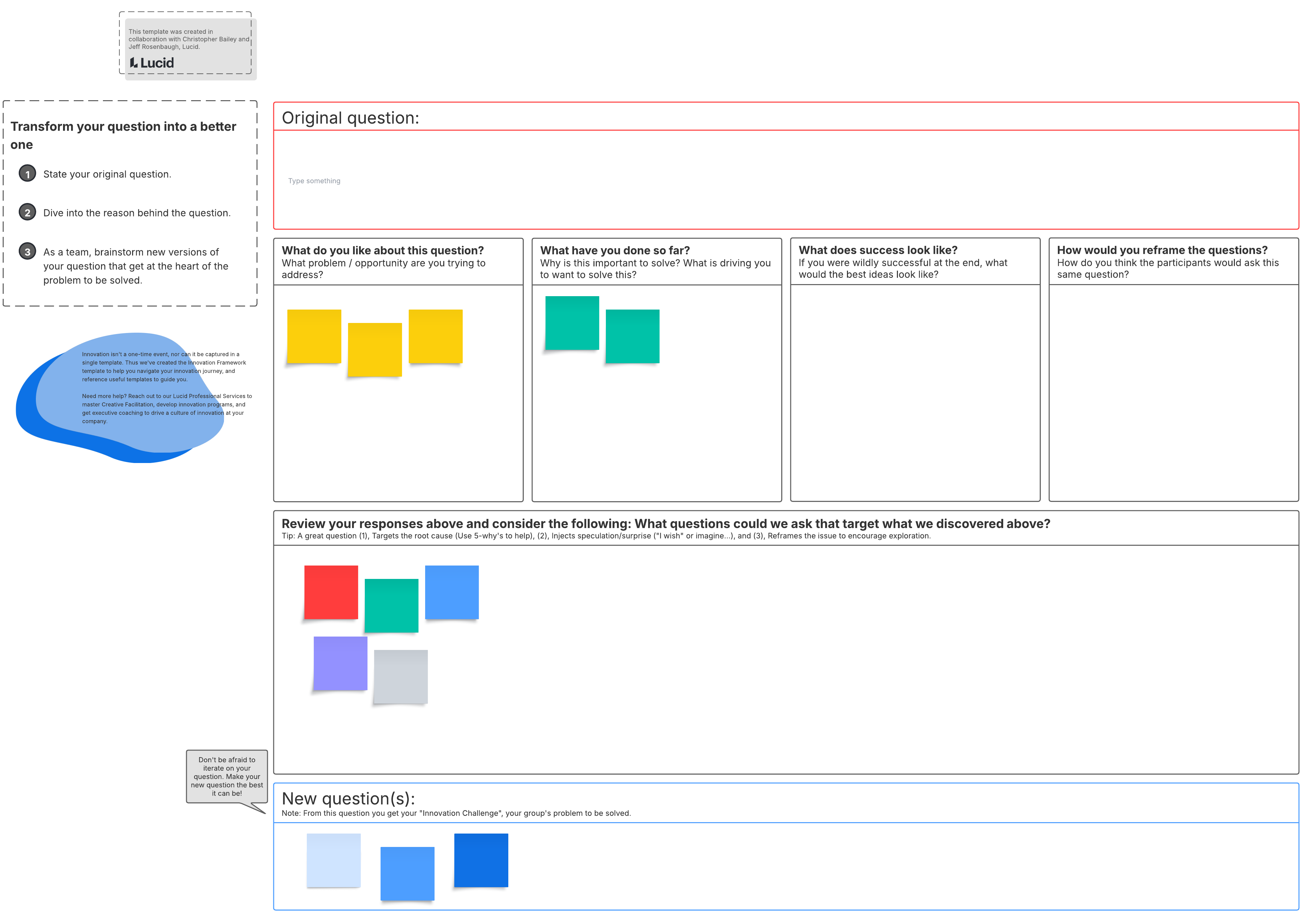 Posez une question dynamique pour contribuer à la résolution des problèmes et stimuler des solutions innovantes. Cliquez pour utiliser le modèle dans Lucid.