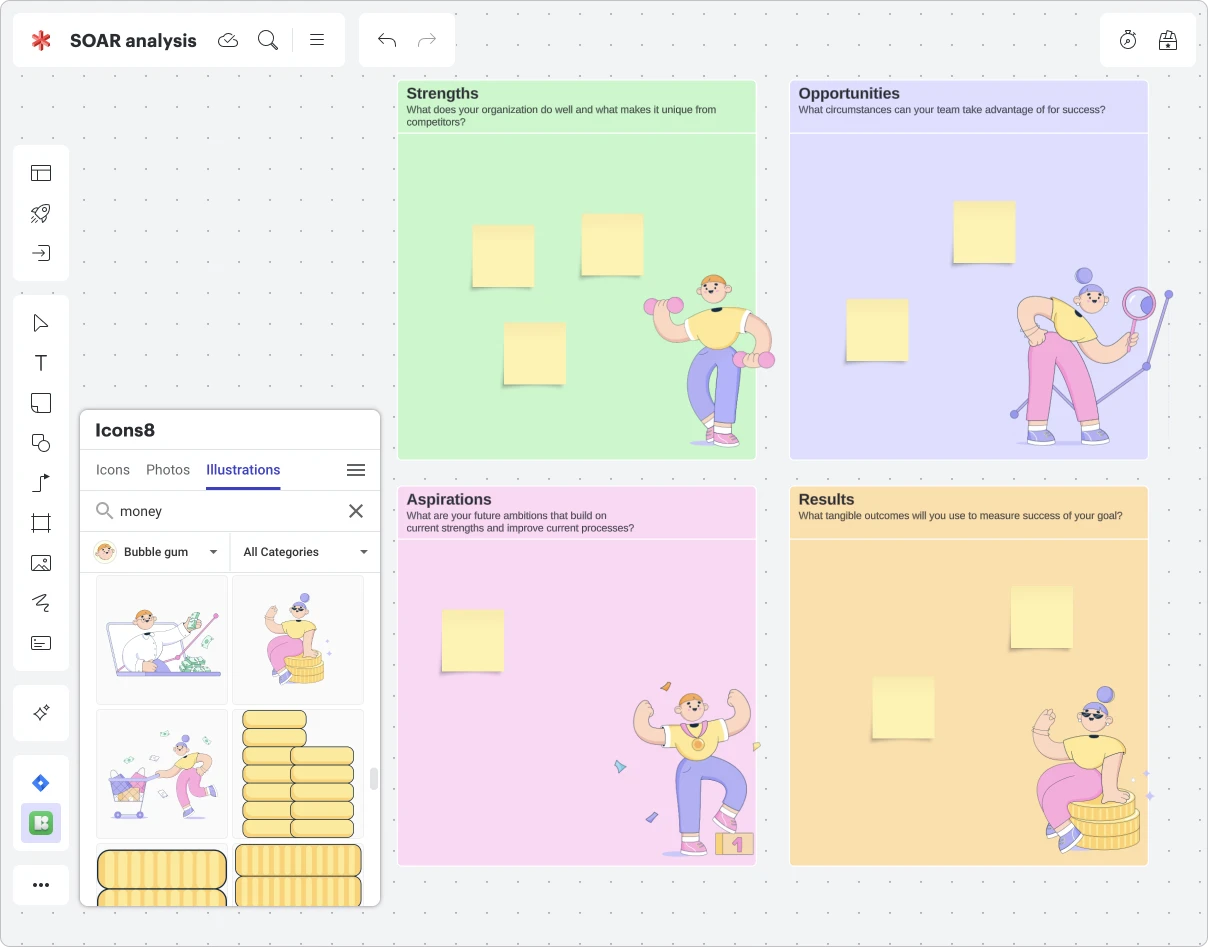 SOAR analysis template with Bubble gum style illustrations added to each section