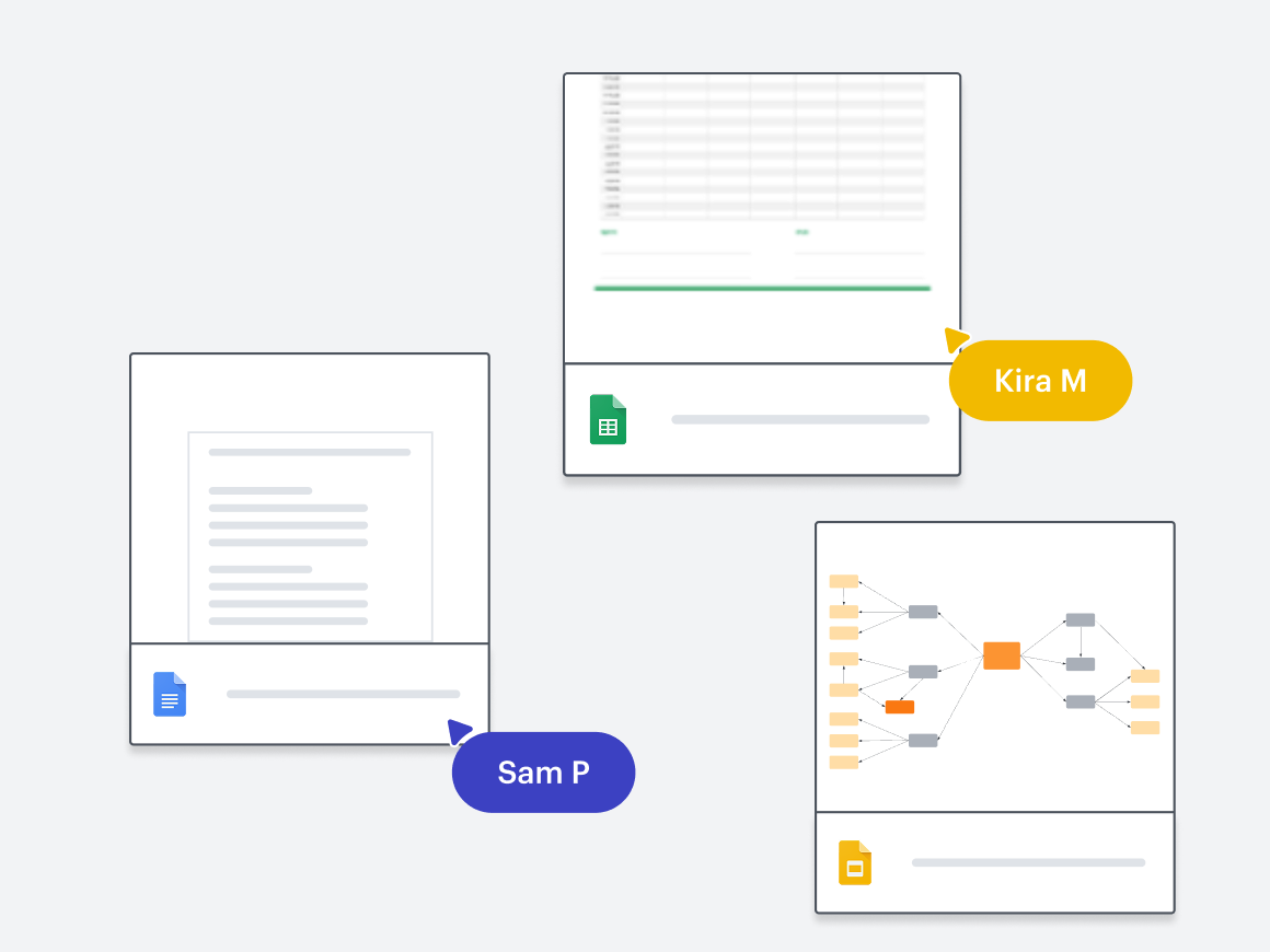 Illustration of an embedded Google Doc thumbnail, Google Sheets thumbnail, and Google Slides thumbnail. 

A cursor named Kira M is hovering over the Sheets thumbnail and a cursor named Sam P is hovering over the Docs thumbnail.