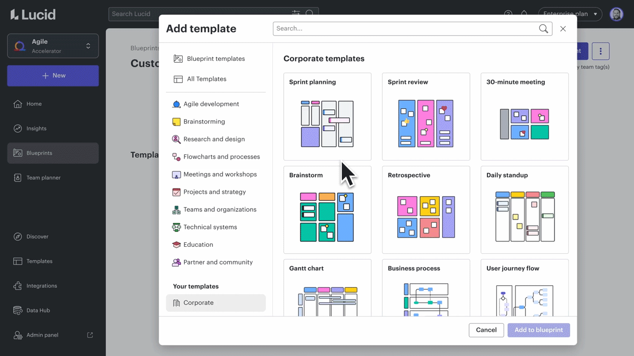 In Lucid’s Agility Accelerator, you can create custom sets of templates to standardize workflows across teams.