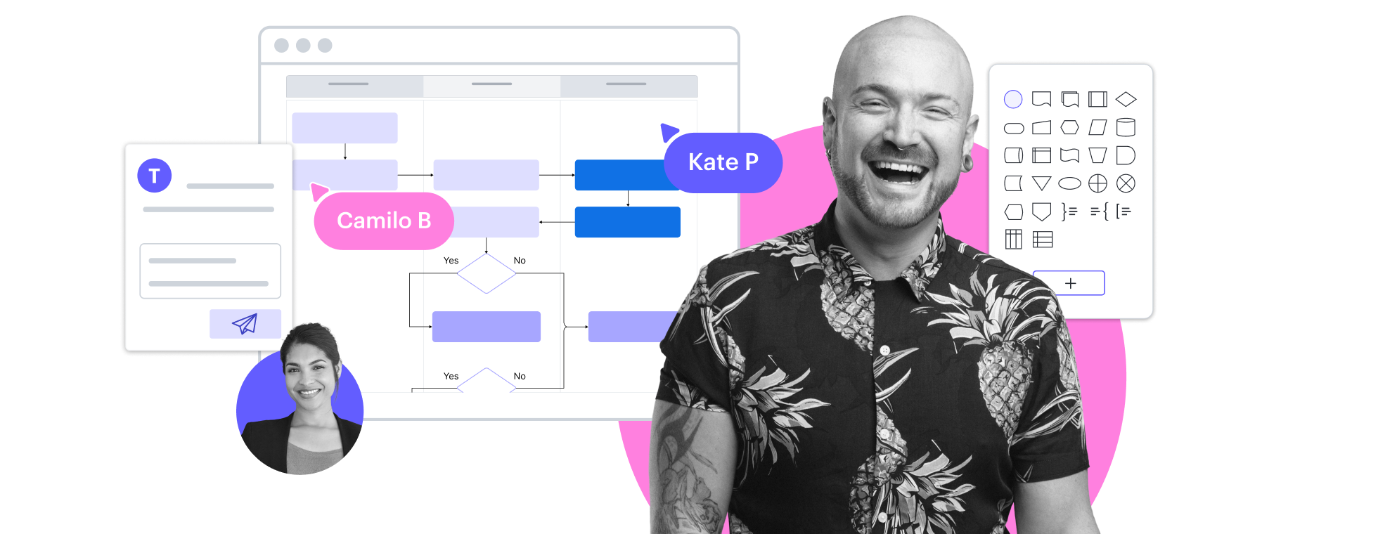 Ein konzeptionelles Bild einer Person, die vor einem Lucid-Diagramm steht und das Formenmenü sichtbar ist