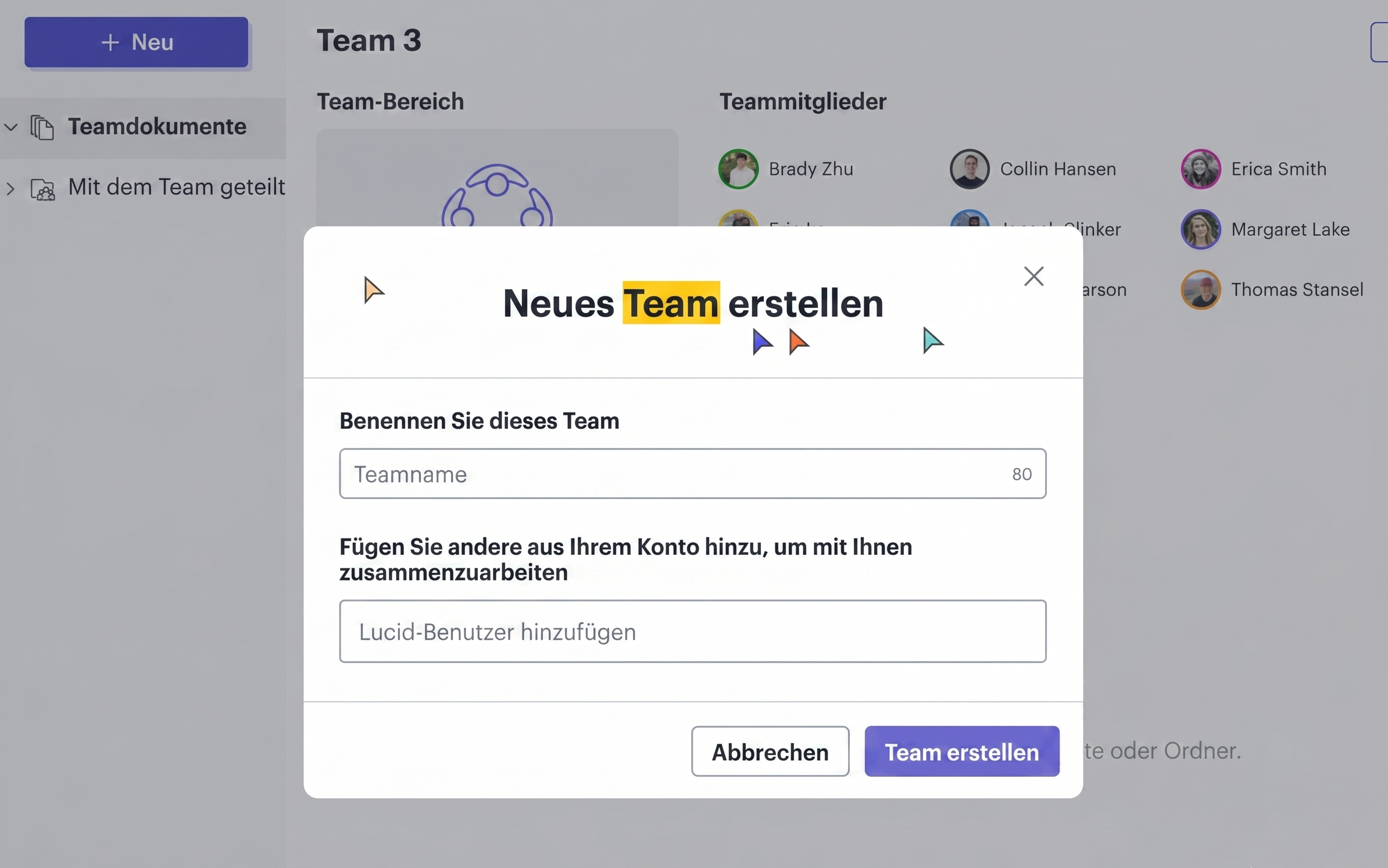Bieten Sie Ihrem Team eine zentrale Anlaufstelle für die Teamkoordination. Klicken Sie auf das Bild, um mehr über die Team-Hubs von Lucid zu erfahren.