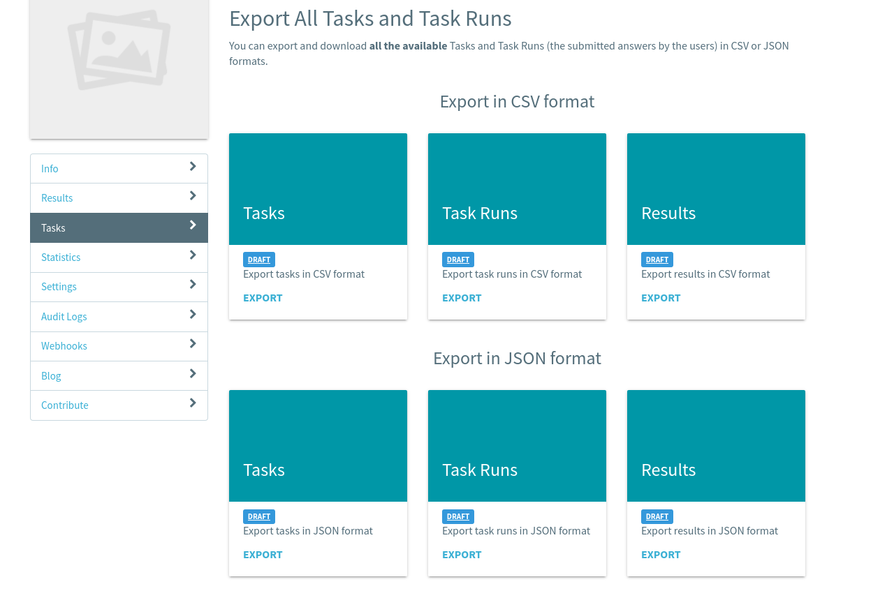 List of tasks and task runs, each with an export option