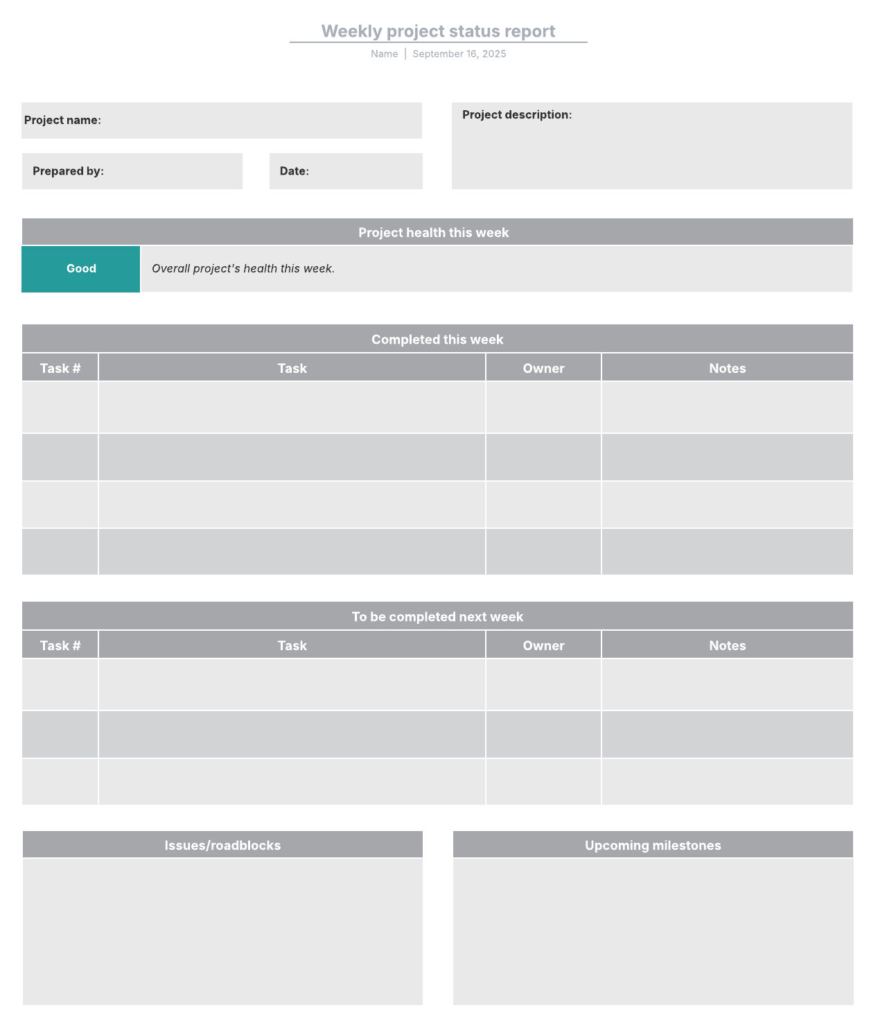 Use this template to provide a weekly project status report. Click on the image to modify online.