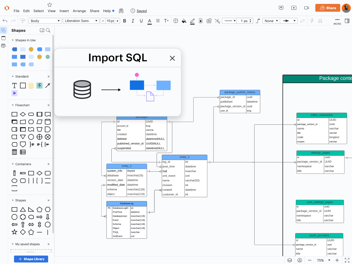 With Lucid’s SQL import feature, you can automatically generate tables and schemas.