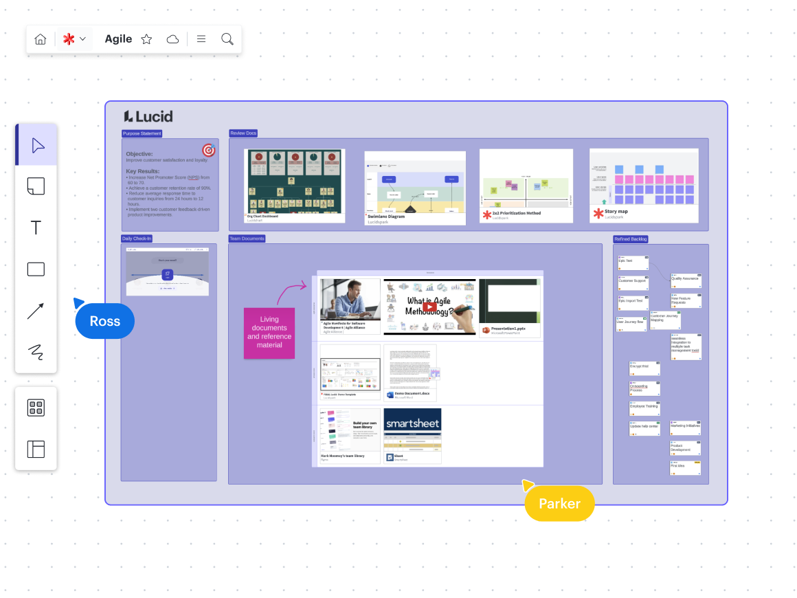 Try team spaces in Lucid to create a virtual team room for your Agile team. Click on the image to learn more.