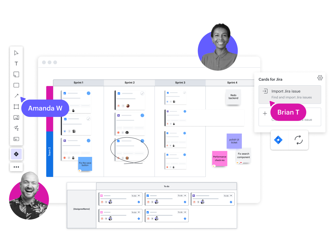 Een conceptueel beeld van sprintplanning met Lucid kaarten voor Jira in Lucidspark