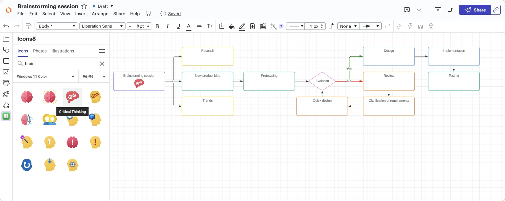 choosing a critical thinking icon in lucidchart with the icons8 plugin