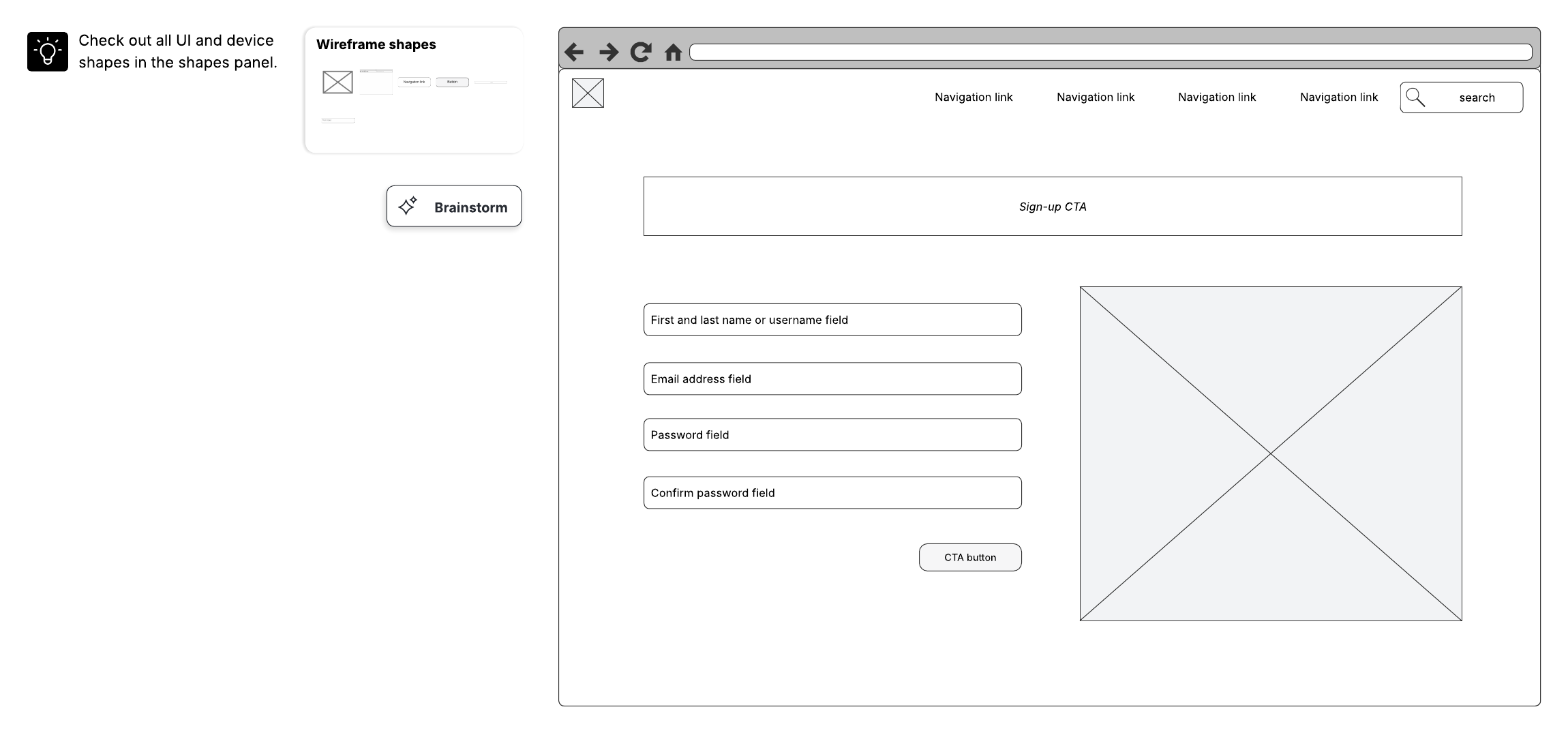 Sign-up page wireframe template, available for premium users (click to use template)