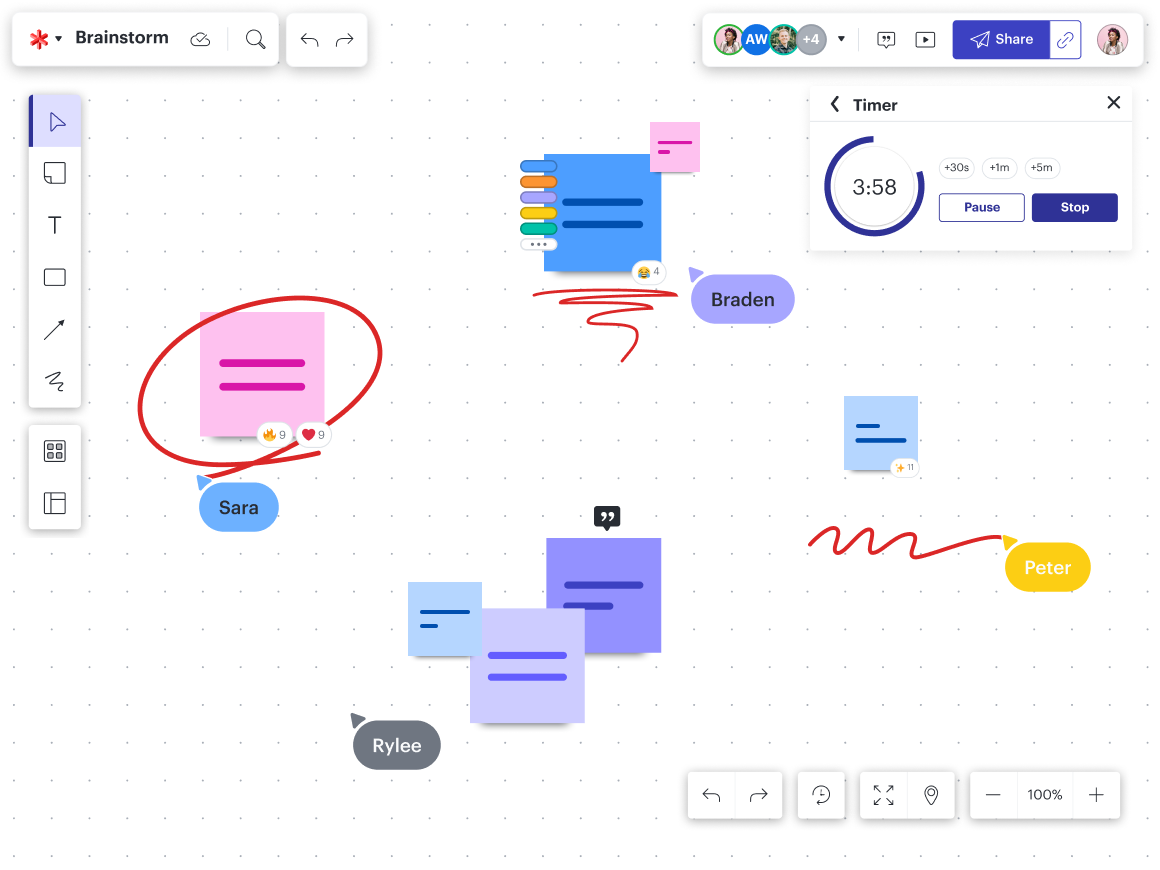 Echtzeit-Brainstorming in Lucidspark. Nutzen Sie Funktionen wie Abstimmungen, Emoji-Reaktionen, Tagging und den Timer, um Brainstorming-Sitzungen auf Kurs zu halten und die Zusammenarbeit zu fördern.