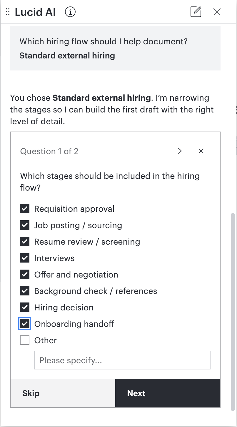 An example of the Process Agent asking clarifying questions to create a diagram for a hiring process.