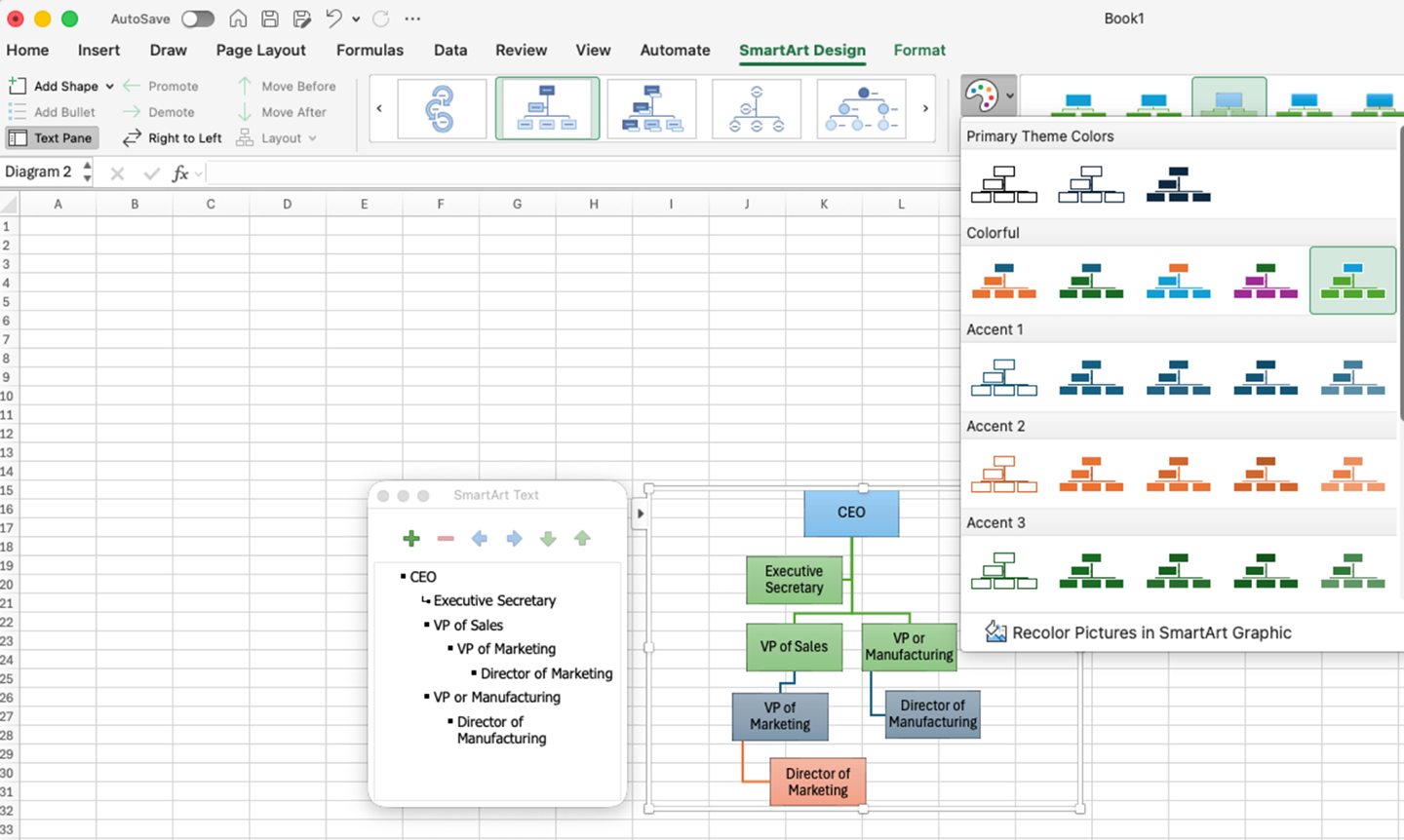 Image showing selecting colors for an org chart in Excel.