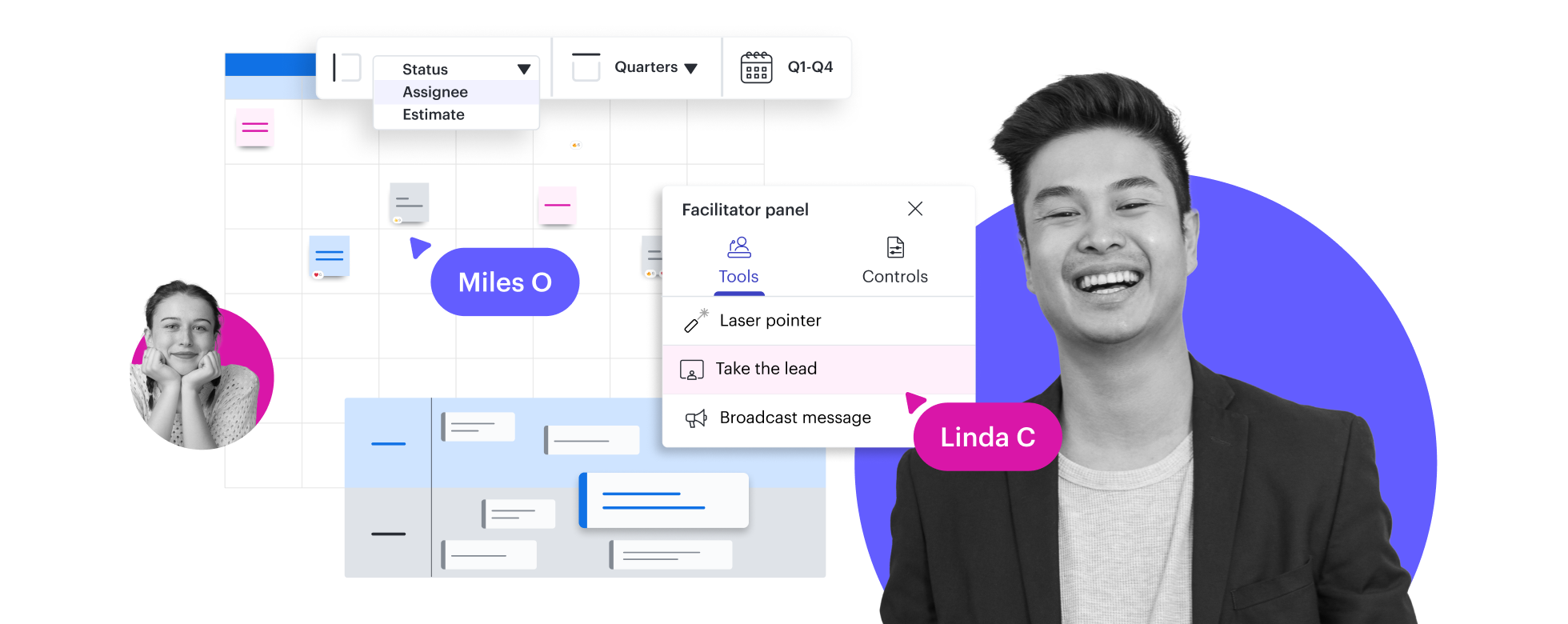 Konceptuell bild av facilitatorpanelen i Lucidspark på en tavla med en dynamisk tabell och tidslinje