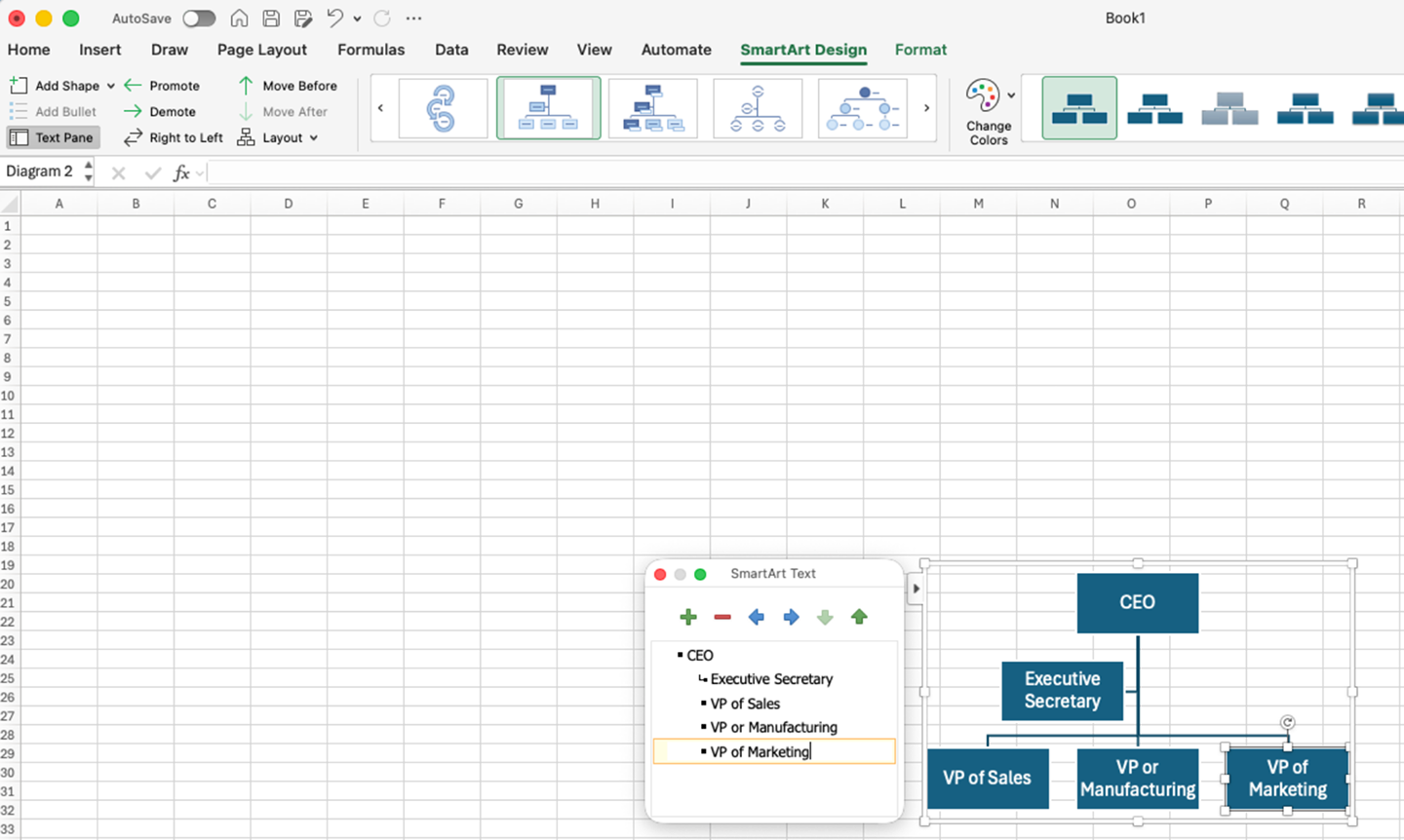 Image showing entering text into an org chart in Excel