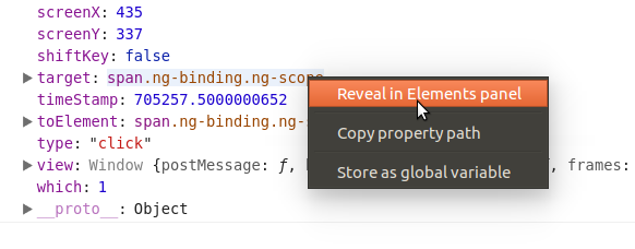 Reveal in Elements panel feature in DevTools