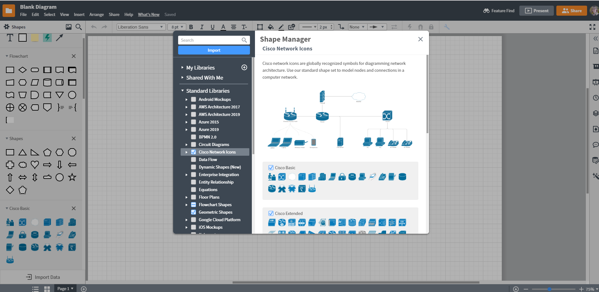 Lucidchart network diagram shapes selection screen