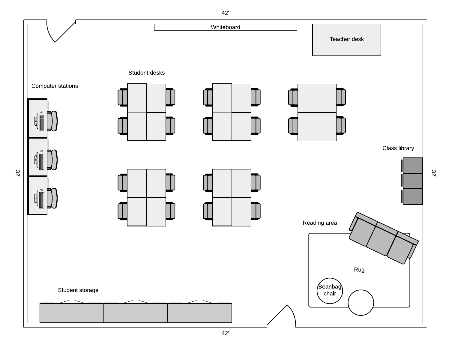 Seating arrangement for elementary classroom (Click on image to modify online)