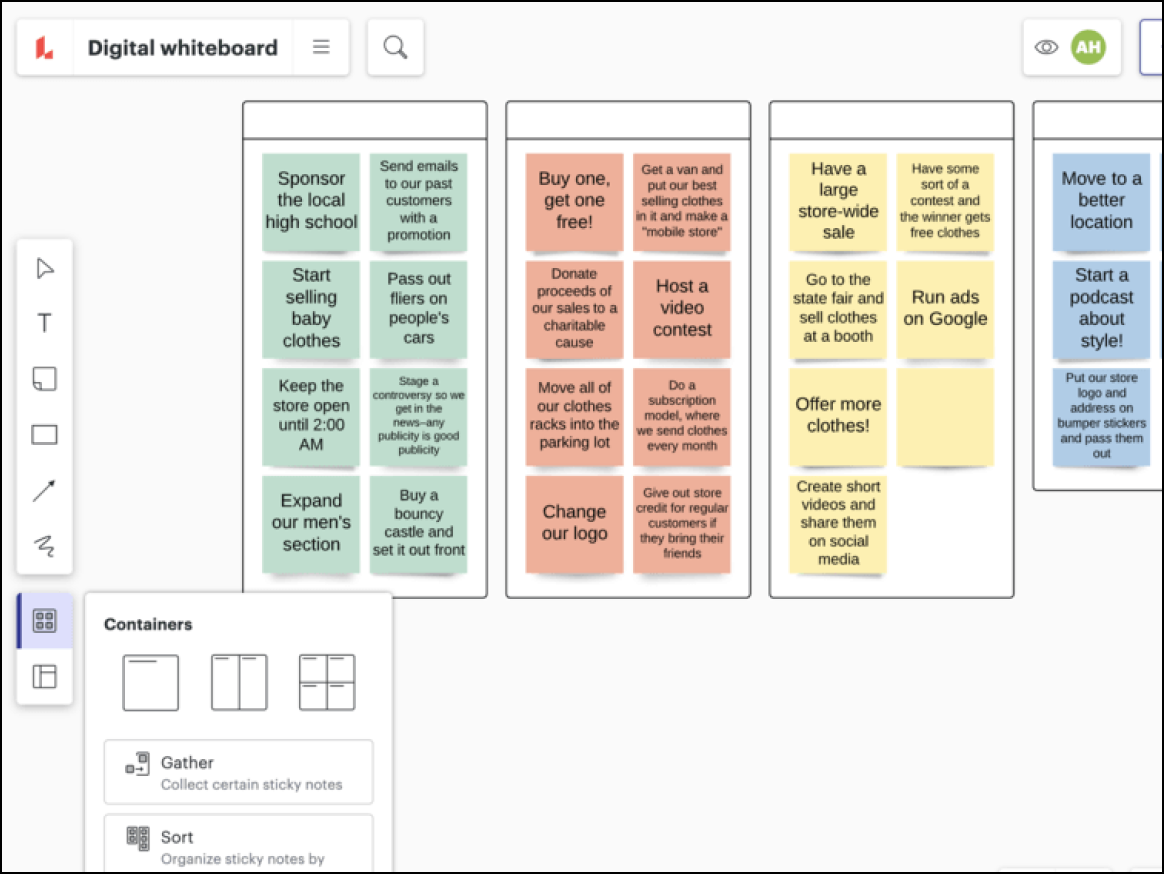Lucidspark UI, digital whiteboard with sticky notes