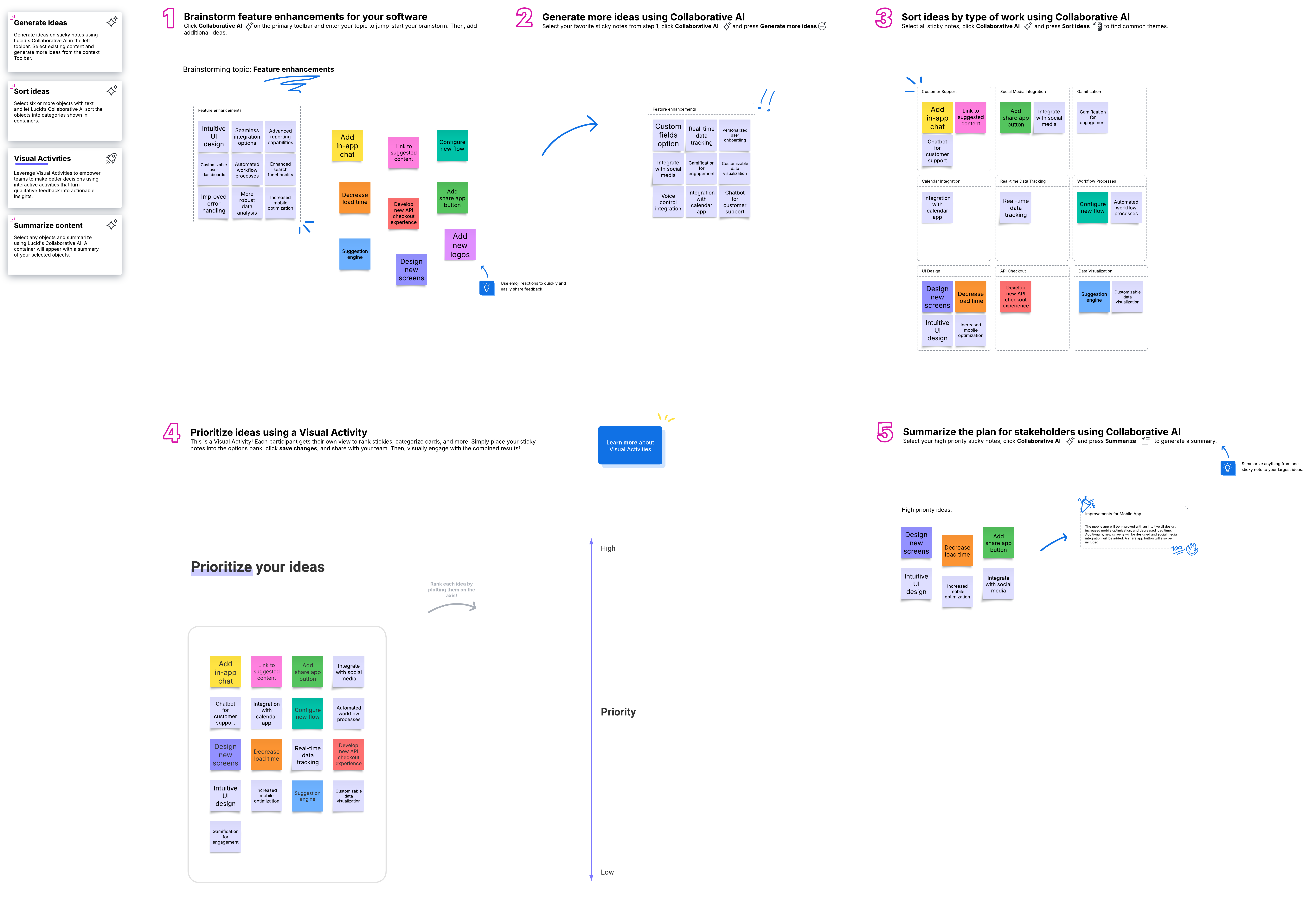 Harness the power of AI to uncover ideas and summarize the contents of your brainstorm. This feature brainstorm with AI template is free for all Lucid plan types. Click the image to try the template!