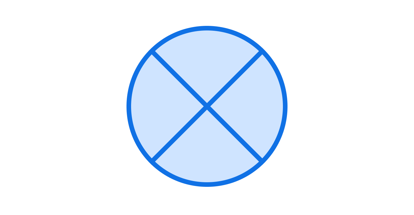 Blue circle in four quadrants made by an X through the circle