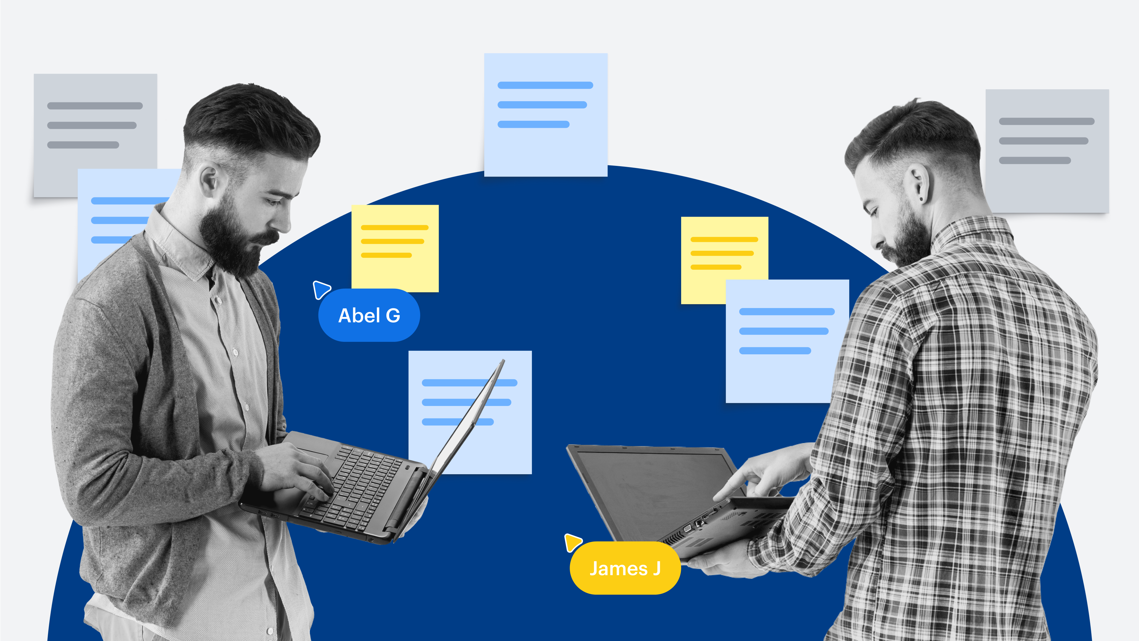 Image shows two individuals working on laptops. Virtual sticky notes between them imply collaboration.