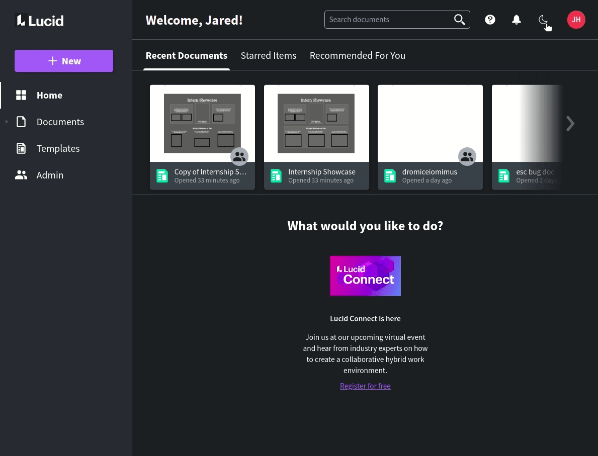 Gif showing transition between light and dark mode in Lucid Suite homepage