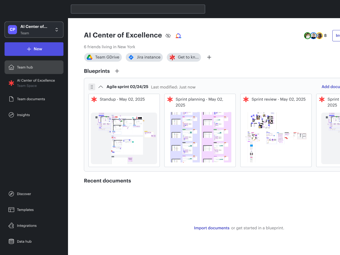 Team hub homepage in Lucid for an AI Center of Excellence with blueprints for an Agile sprint.