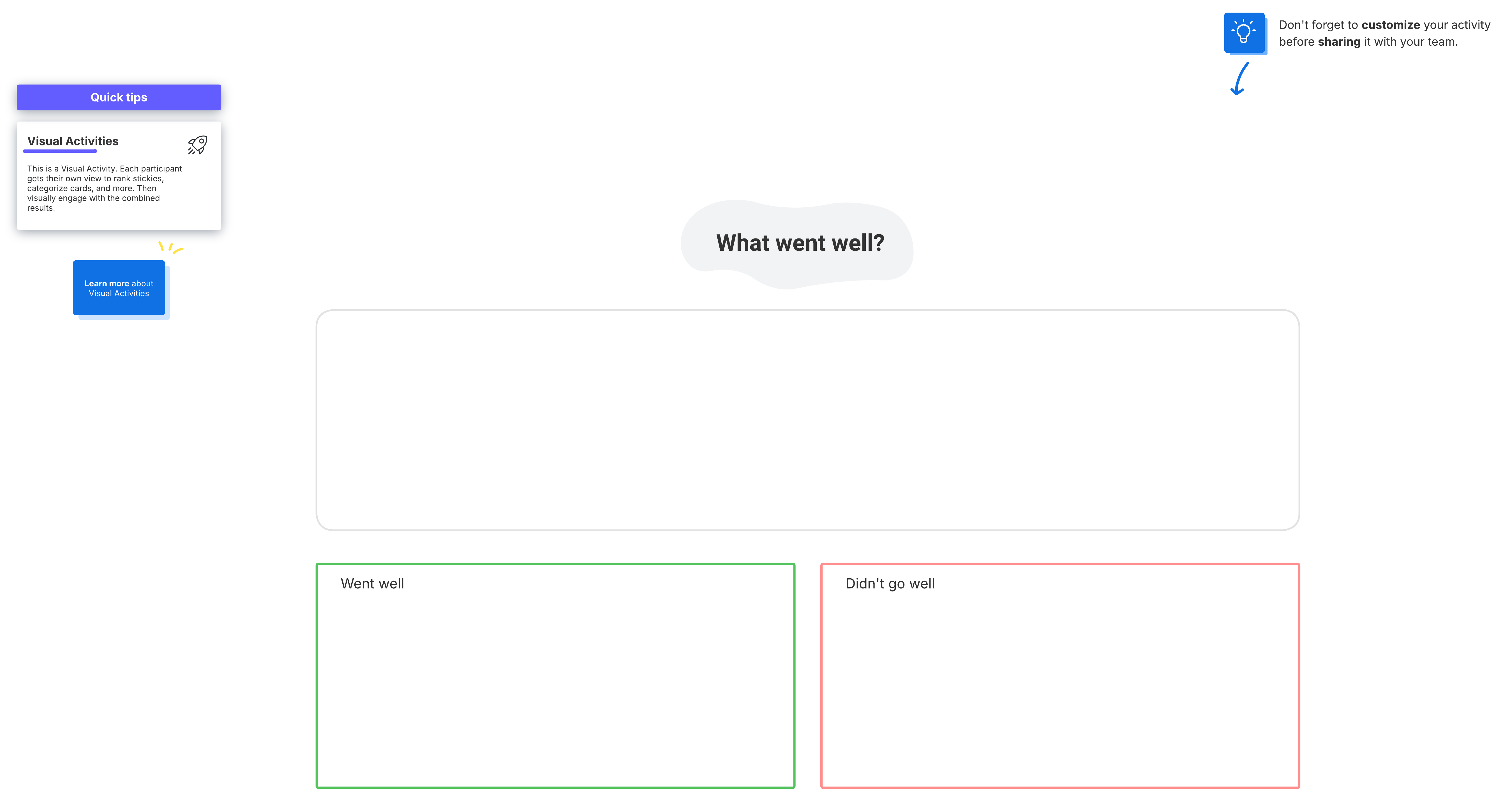 This activity helps you determine what went well and what didn’t to identify learnings with your team.