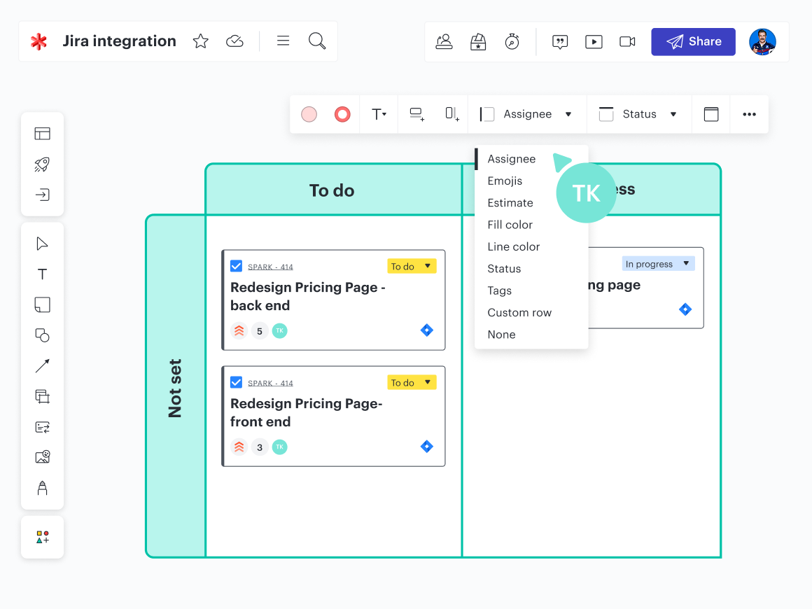 Importez des tickets Jira dans Lucidspark afin de pouvoir planifier votre travail visuellement.