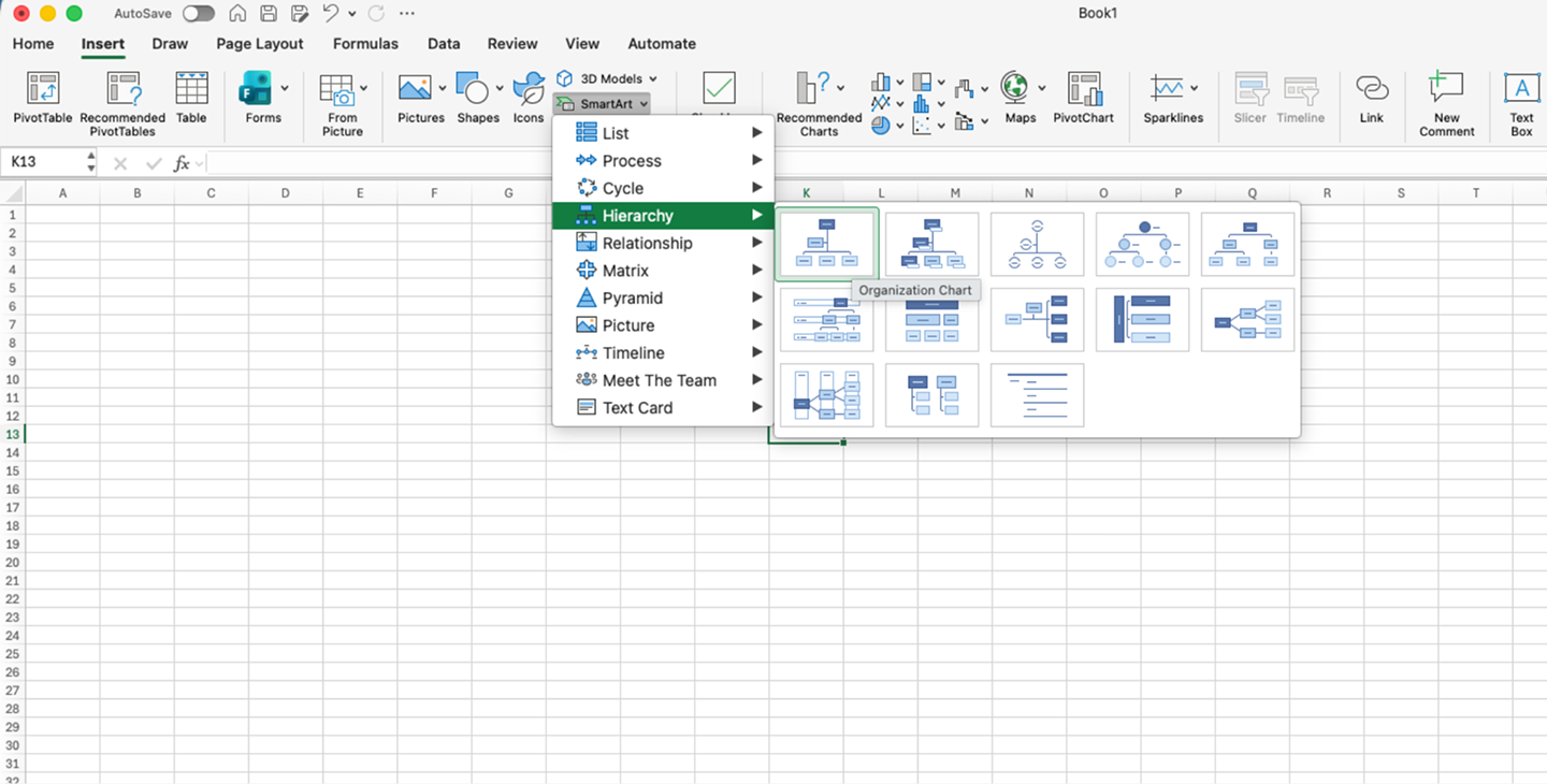 Image showing inserting SmartArt into an Excel spreadsheet and hovering over "Hierarchy"